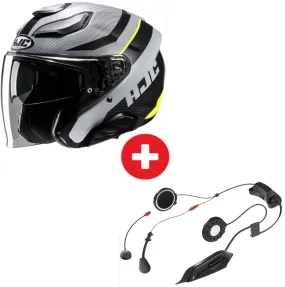 Pack Casque HJC F31 Naby Noir Gris Jaune + Intercom Smart 2 HJC 21B - Casque Bluetooth Intégré